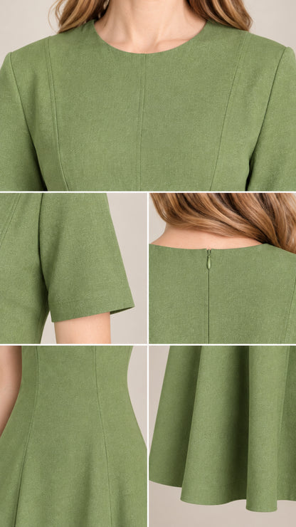 Close-up details of neckline, sleeve, back zip, and hem stitching on sage green dress