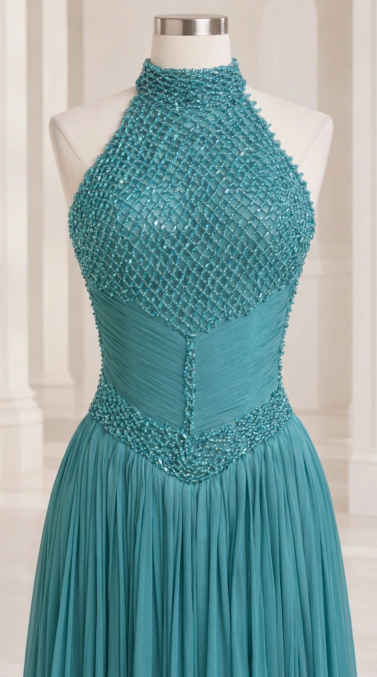 Close-up detail of mannequin wearing teal high-neck bodice with intricate lattice beadwork