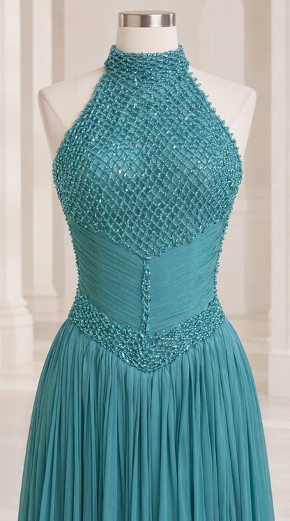 Close-up detail of mannequin wearing teal high-neck bodice with intricate lattice beadwork