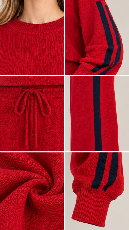 Close-up details of red knit sweater neckline, drawstring waist, and side stripes