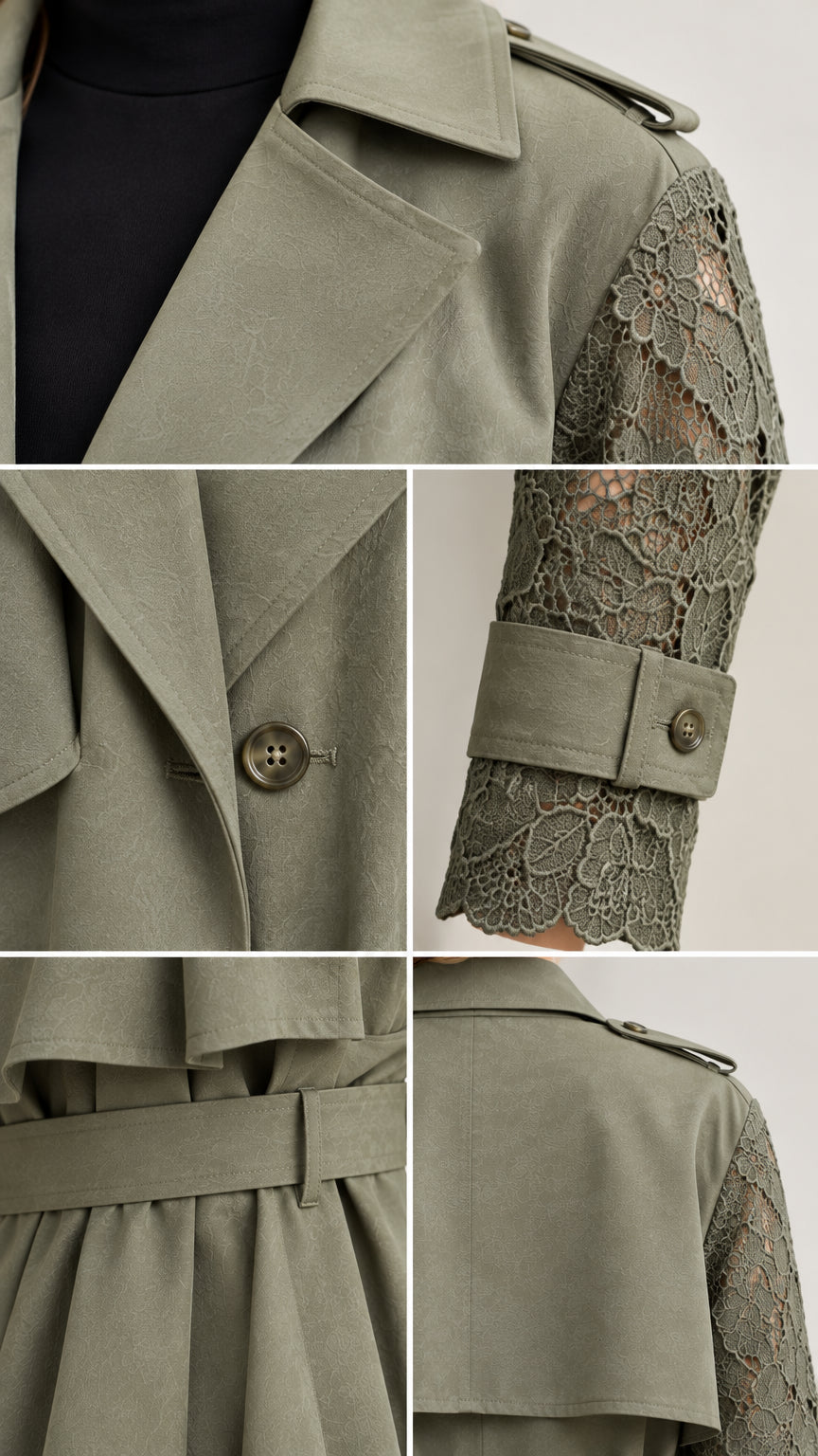 Close-up details of collar lapel, button fastening, lace sleeve cuff, belt loops, and back storm flap
