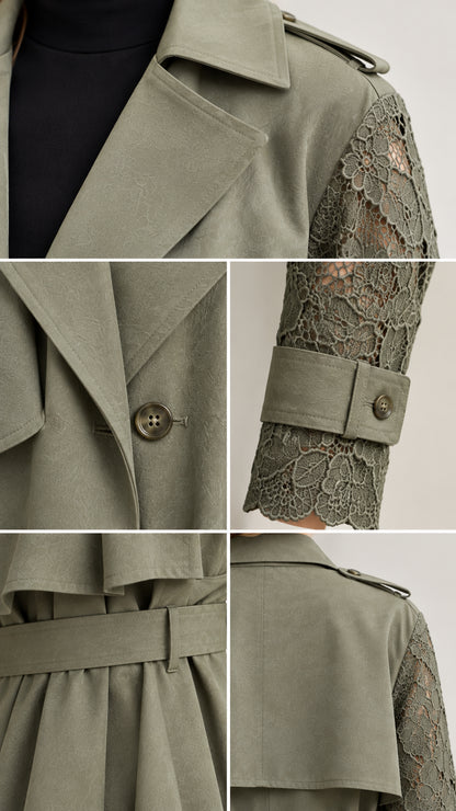 Close-up details of collar lapel, button fastening, lace sleeve cuff, belt loops, and back storm flap