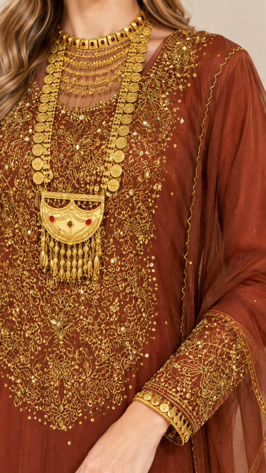 Close-up of intricate gold embroidery on bodice and cuff of rust brown gown