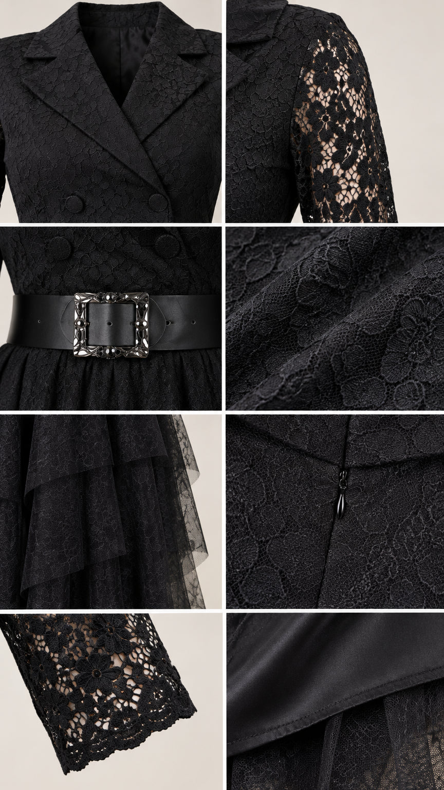 Detailed close-ups of lapel neckline, sheer lace sleeves, belt buckle, tiered tulle hem, and zipper