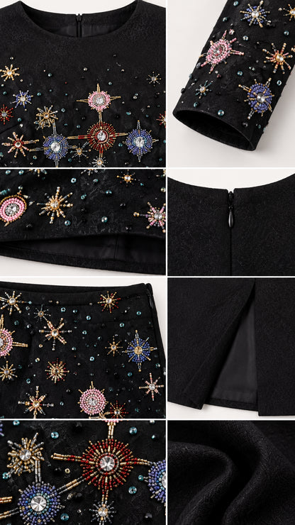 Close-up details of celestial starburst beadwork, zipper, and fabric texture