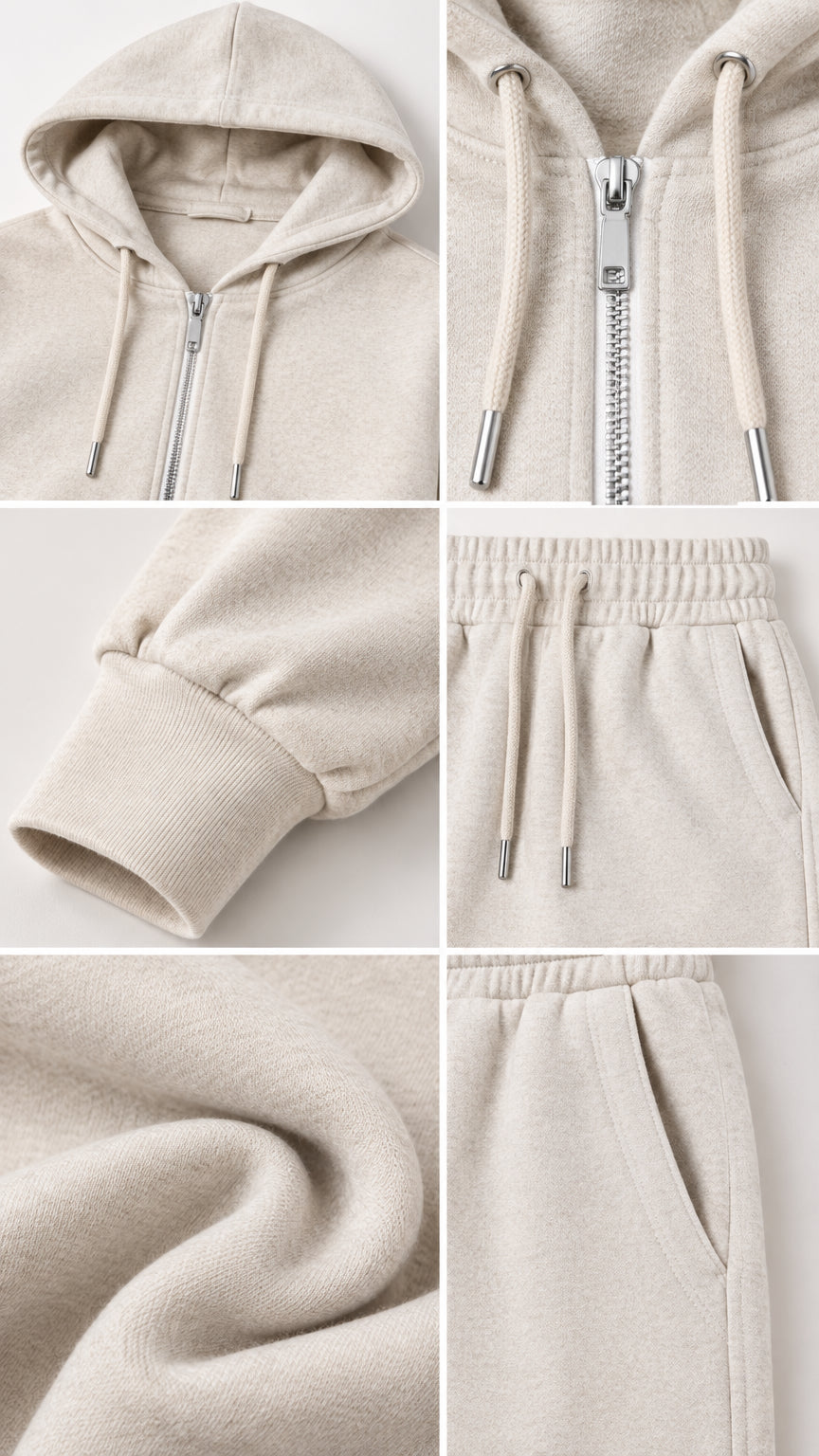Detailed close-ups of hood zipper, ribbed cuffs, drawstring waistband, soft fleece texture, and pockets