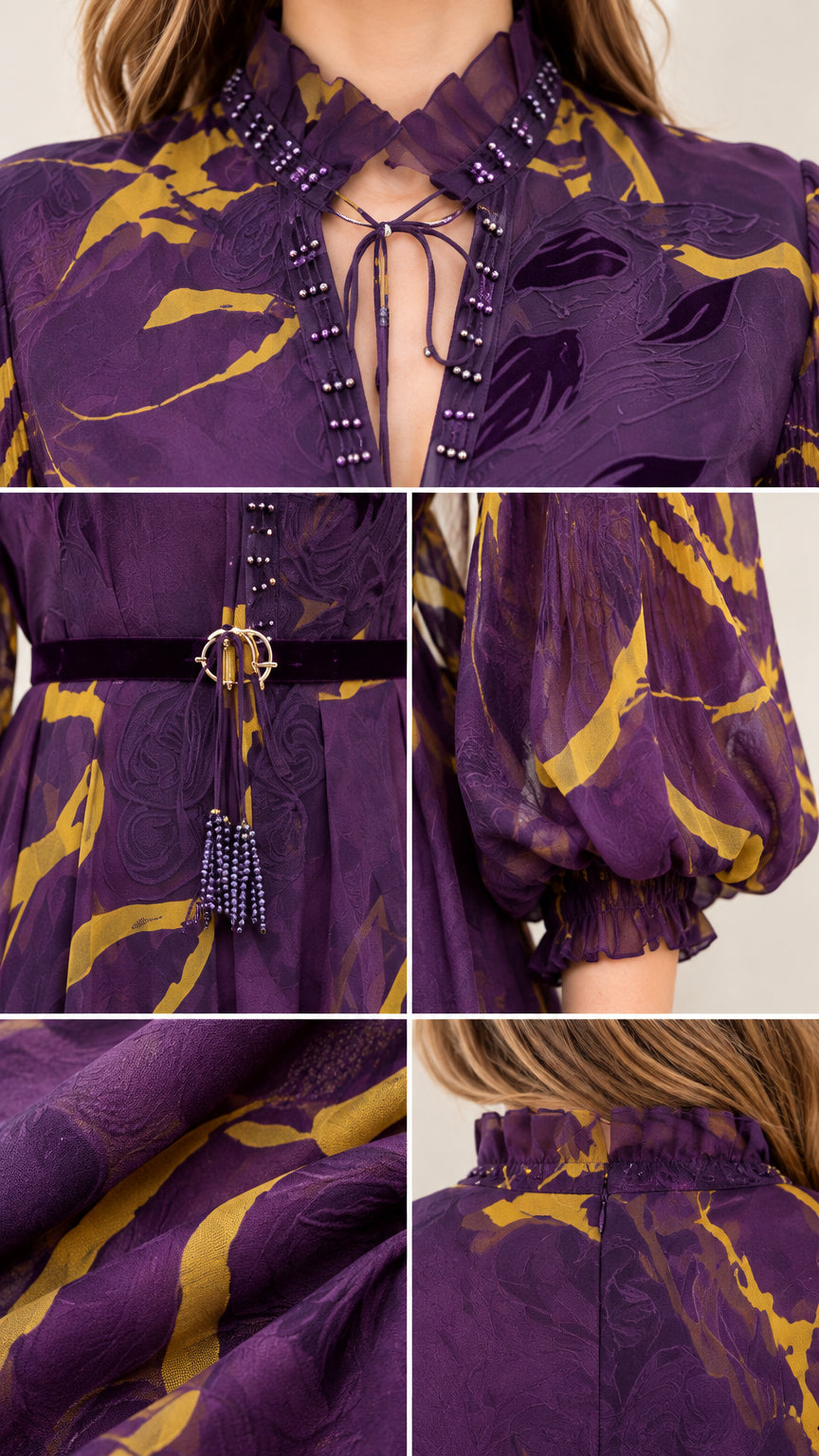 Close-up details of ruffle stand collar, beaded neckline, waist belt, and sleeve cuffs