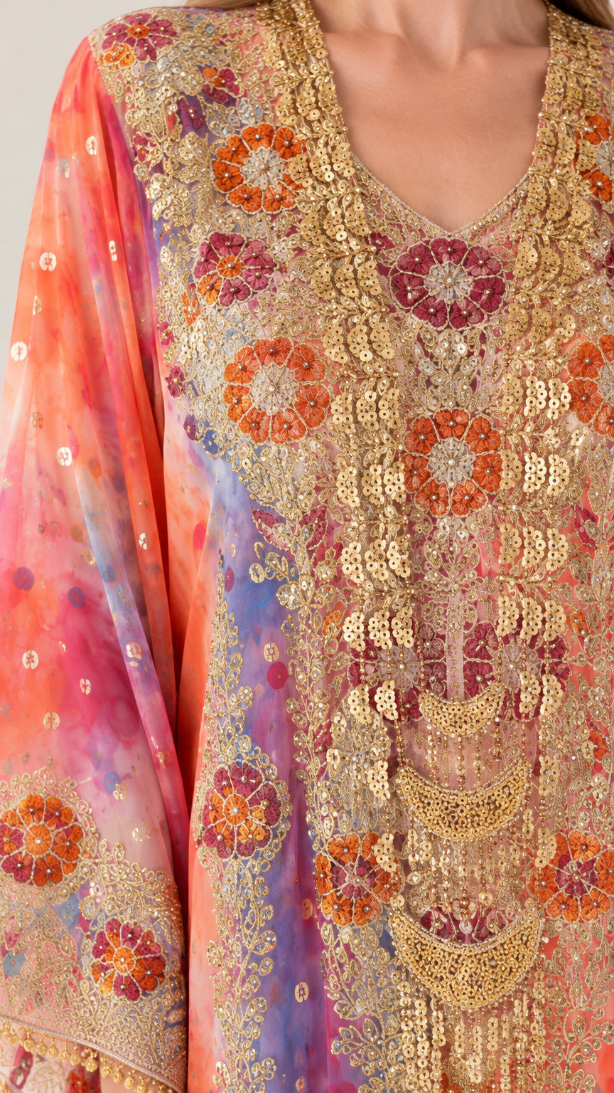 Close-up detail of golden sequin and thread embroidery on kaftan neckline