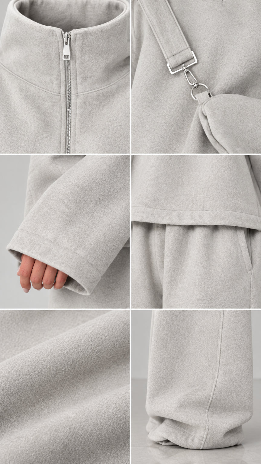 Close-up details of fleece fabric texture, zipper neckline, and pocket construction