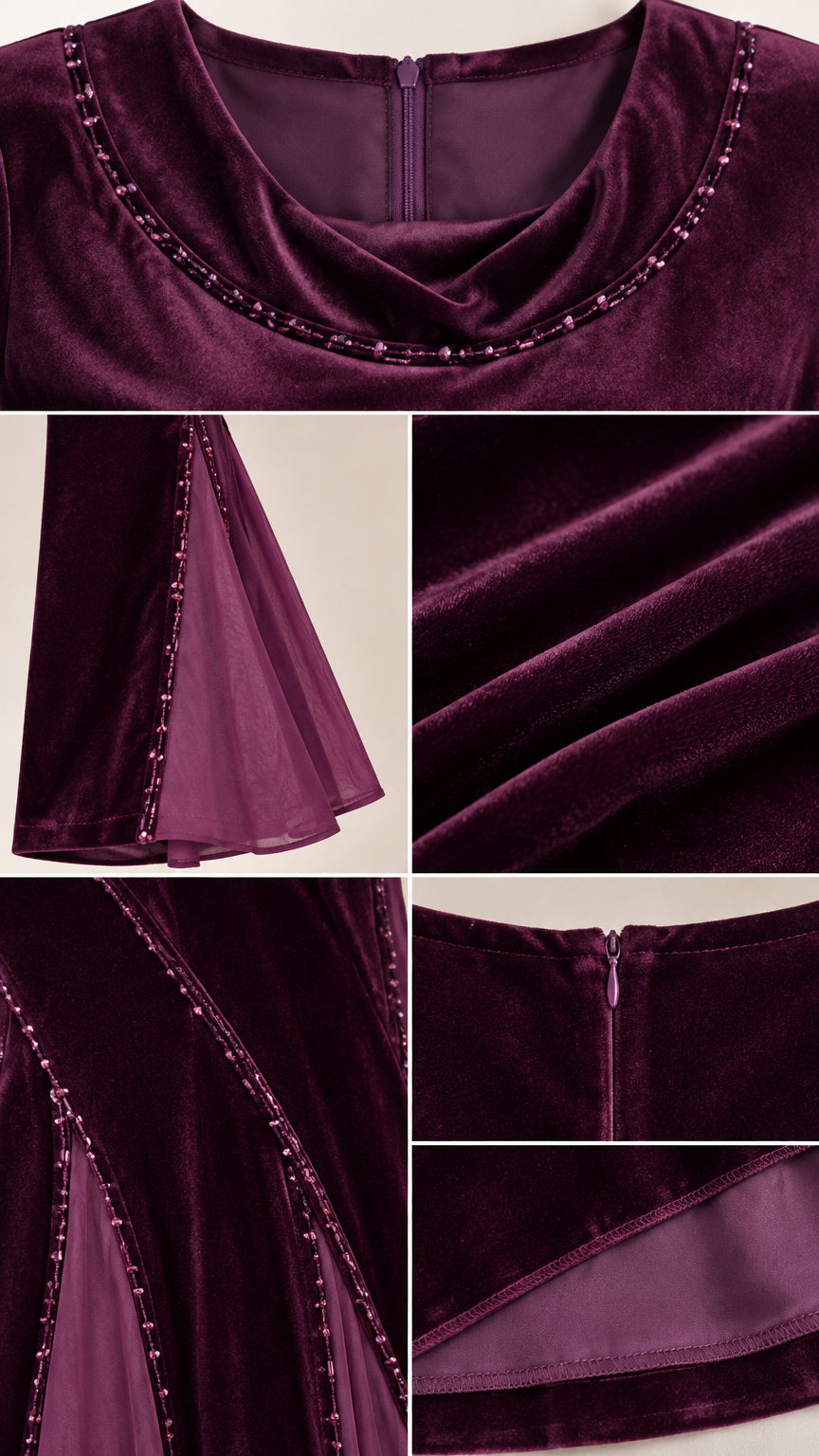 Close up details of beaded cowl neckline, sleeve gusset, velvet texture, and back zipper