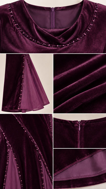 Close up details of beaded cowl neckline, sleeve gusset, velvet texture, and back zipper