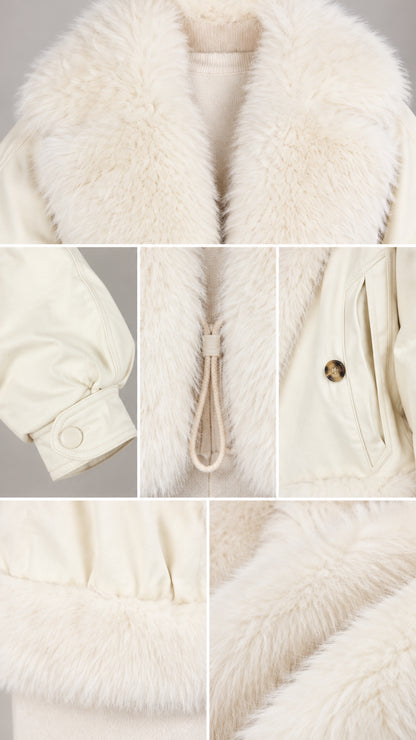 Detailed close-ups of the plush faux-fur collar, zipper pull, cuff button detail, and fur hem