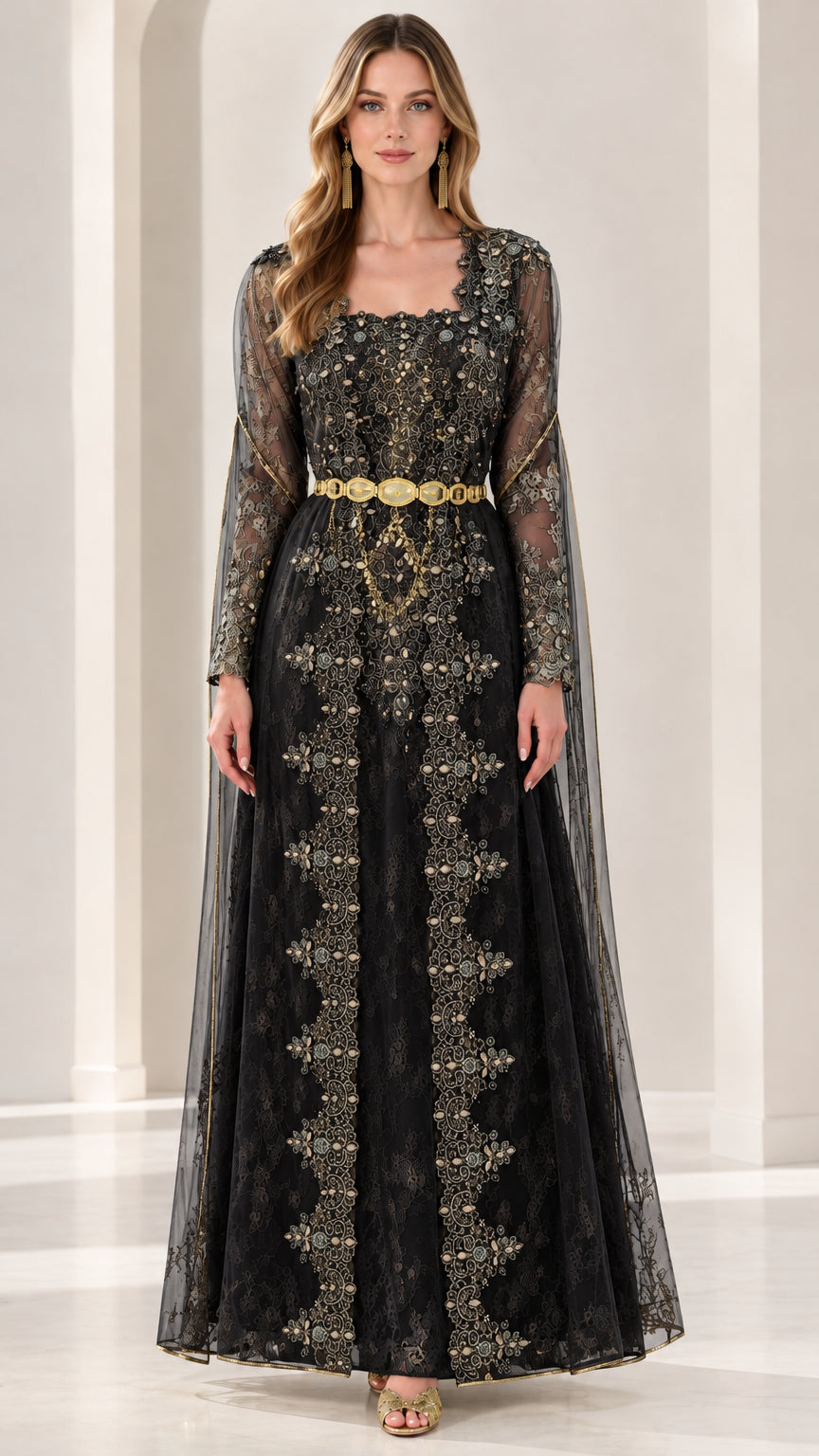 Black embroidered lace maxi evening gown with gold waist embellishment