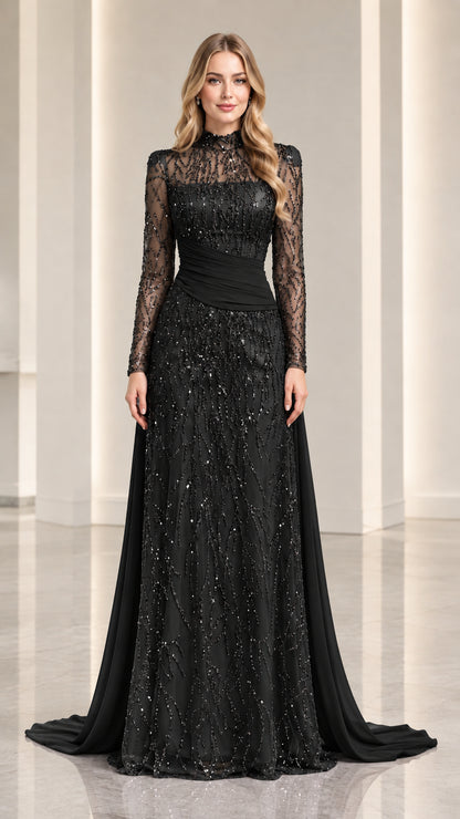 Black long-sleeve sequined formal gown with ruched waistband and cape drape