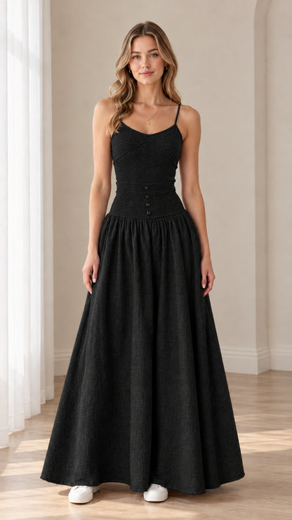 Women's black ribbed knit drop waist cami maxi dress