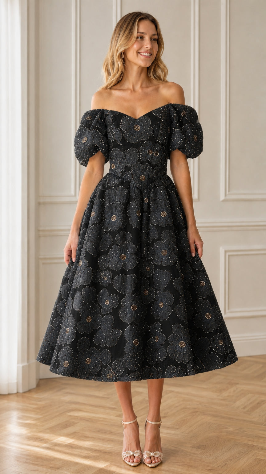 Front view of black floral applique midi dress