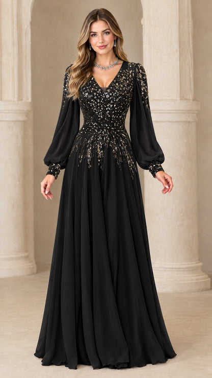 Full-length black sequin bodice long sleeve evening gown