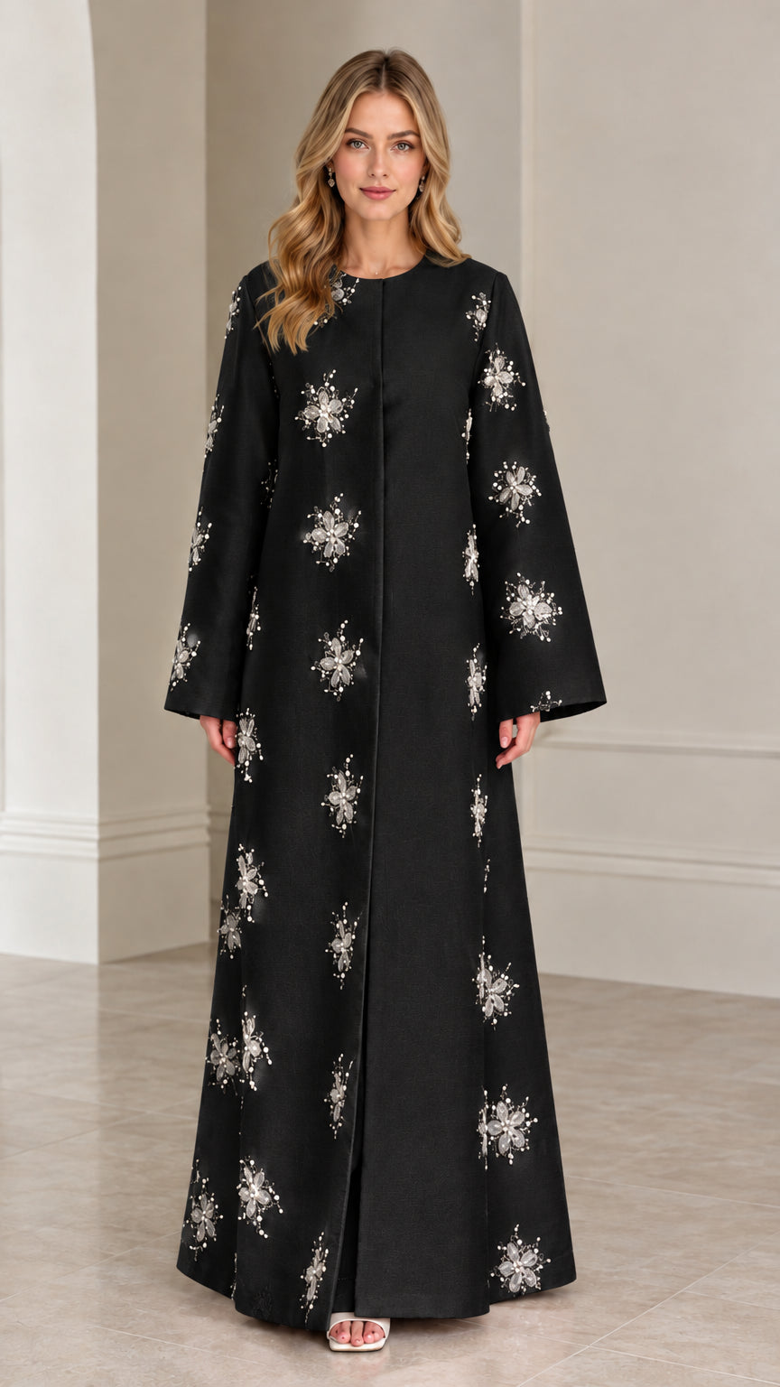 Full front view of Black floral beaded evening maxi abaya dress