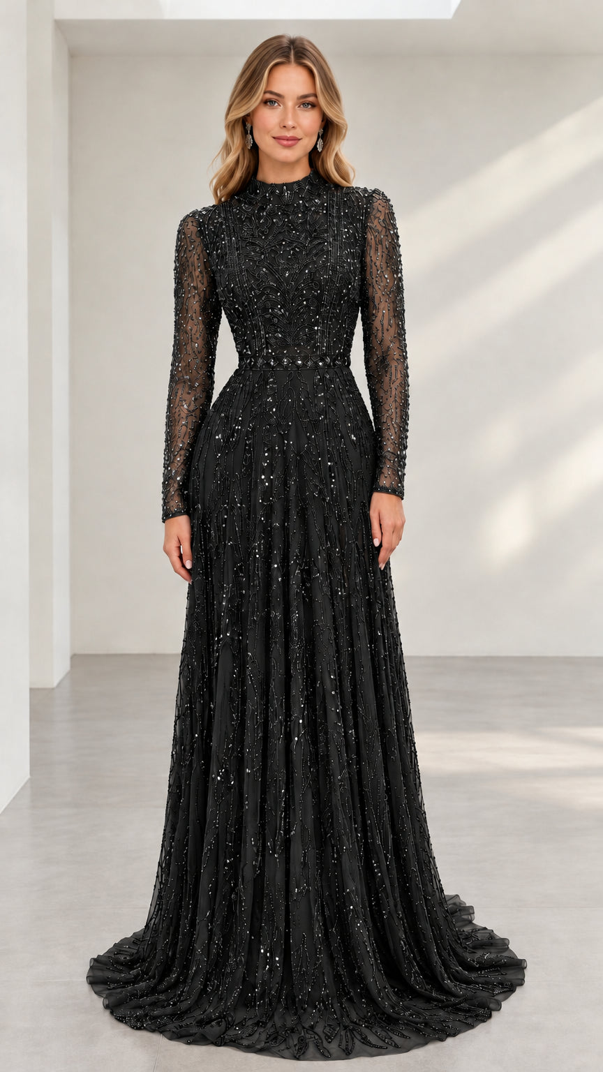 Front view of black high neck beaded long sleeve evening gown