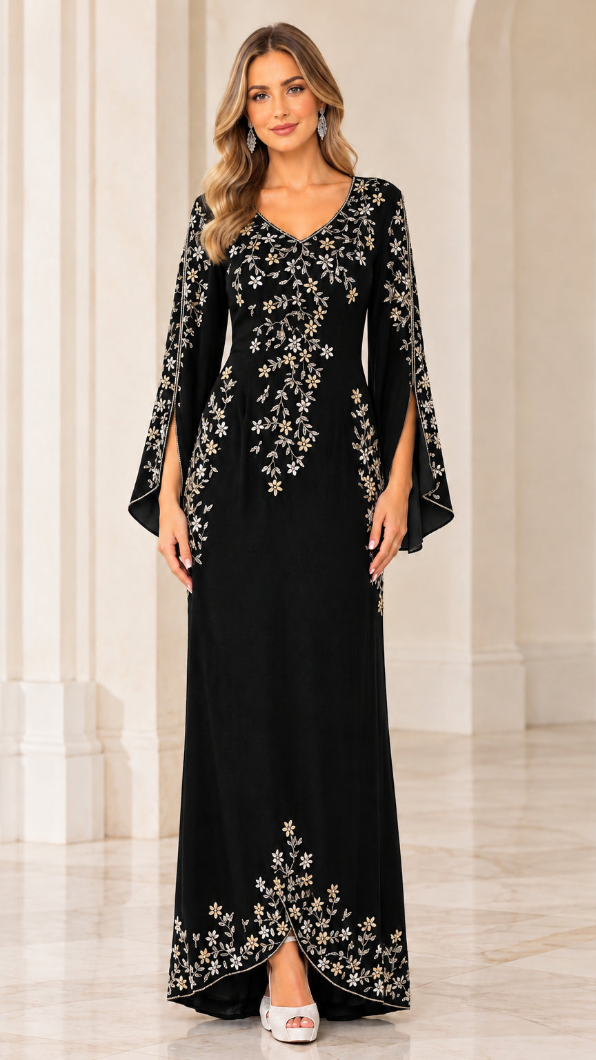 Front view of model wearing Black floral embroidered split sleeve formal gown