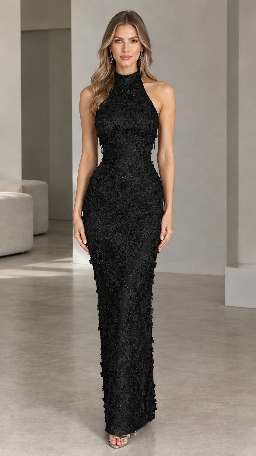 Front view of black high-neck floral lace open-back evening gown