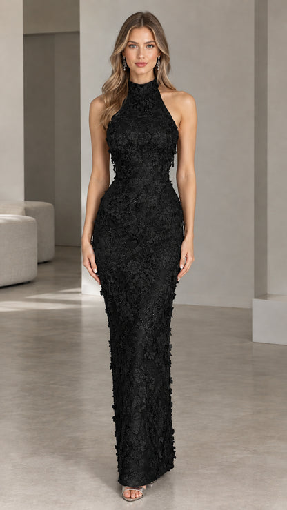 Front view of black high-neck floral lace open-back evening gown