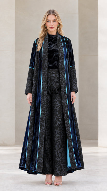 Model wearing Black 3-piece velvet and jacquard maxi duster pant set