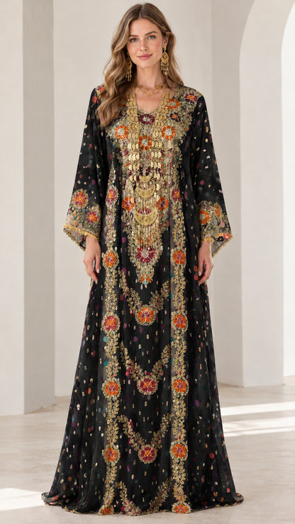 Front view of black embroidered kaftan maxi dress with gold detailing