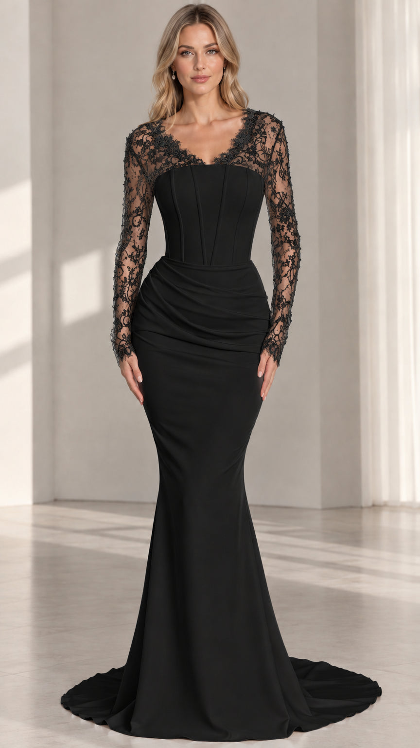Black long sleeve corset mermaid formal evening gown