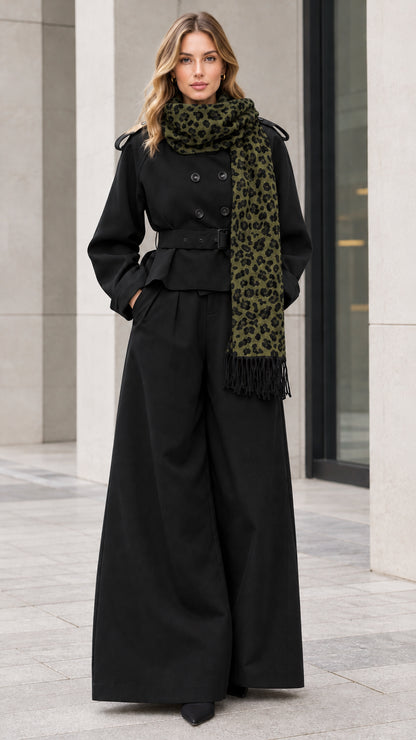 Black double-breasted cropped trench coat and wide-leg pant set