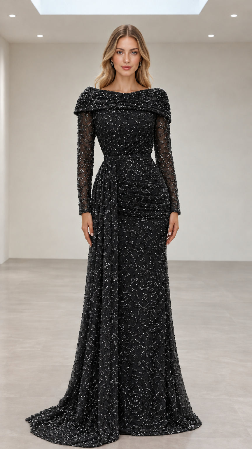 Black beaded long-sleeve formal evening gown with ruched side drape