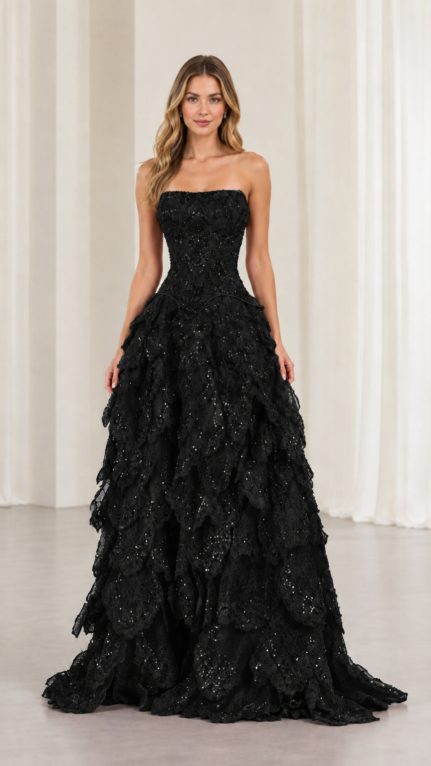 Black strapless sequin embroidered tiered evening ball gown
