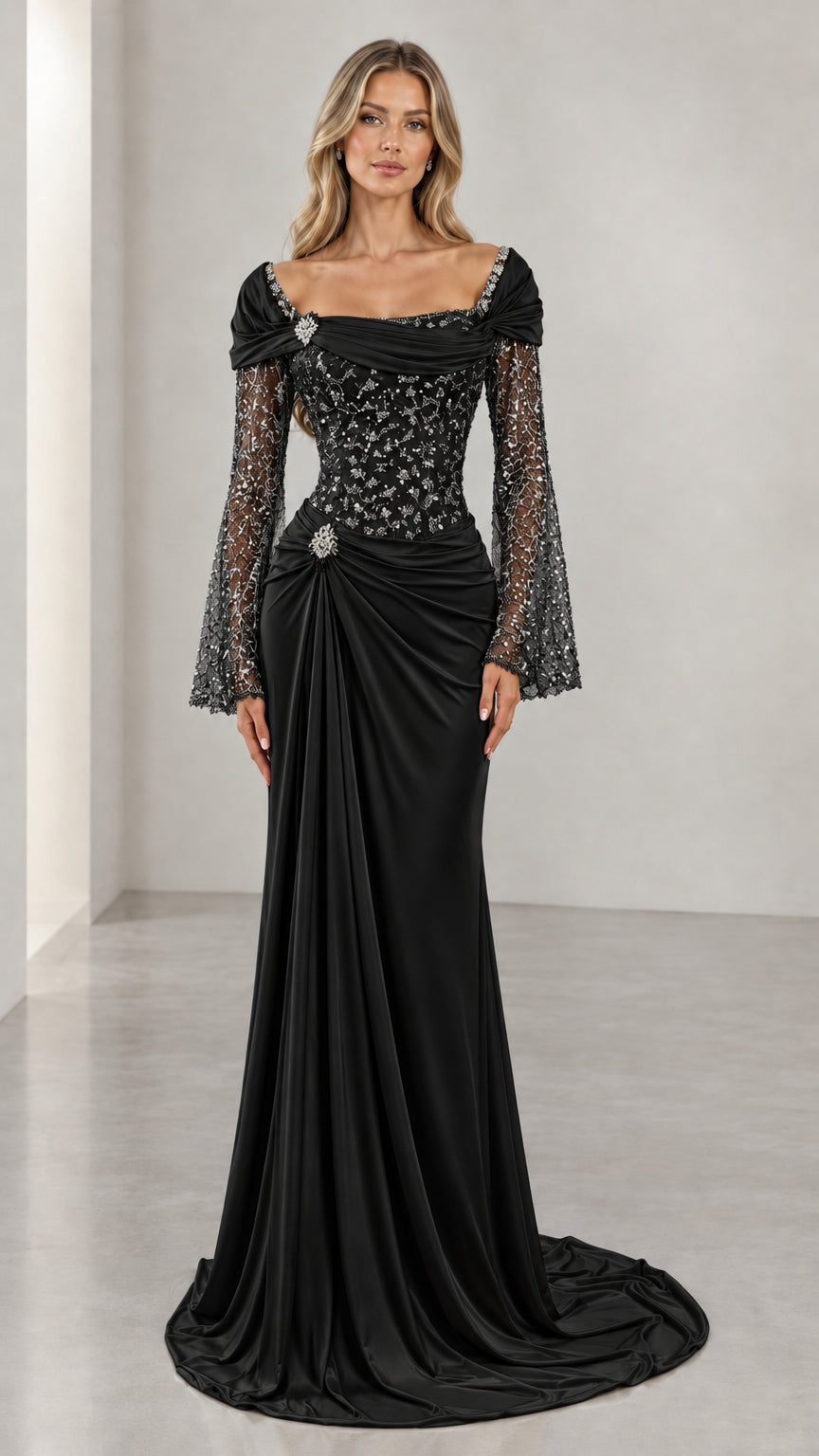 Black floor-length beaded lace evening gown with bell sleeves