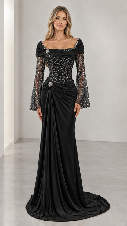 Black floor-length beaded lace evening gown with bell sleeves