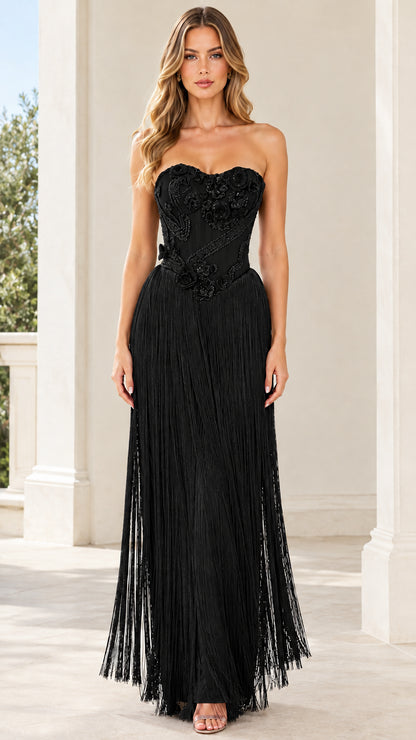 Black strapless corset fringe maxi evening dress