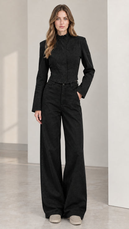 Full front view of women's black cropped jacket and wide leg pants set