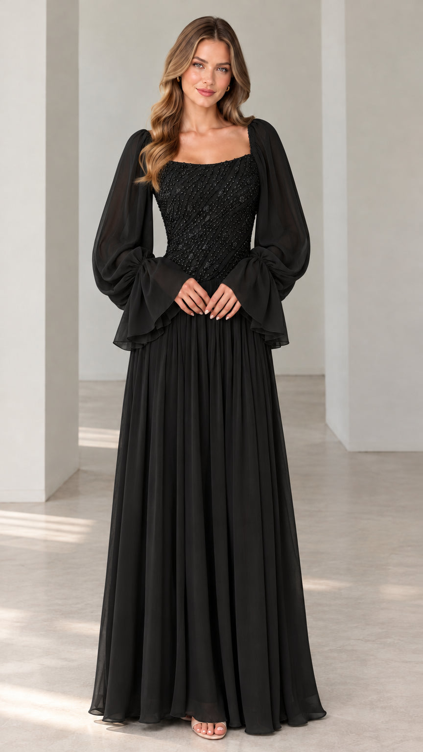 Black sequin bodice long sleeve formal evening gown