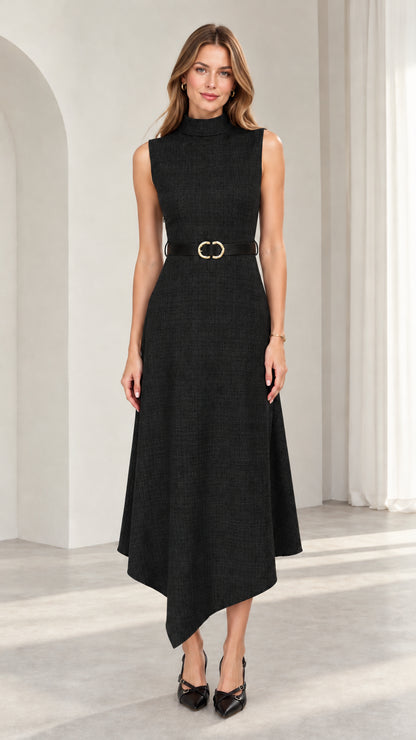Model wearing classic black sleeveless mock neck asymmetrical midi dress