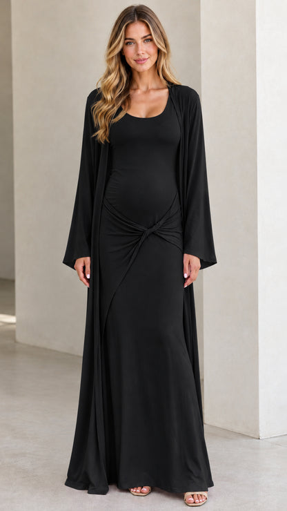 Front view of pregnant model wearing Black maternity maxi dress and cardigan set