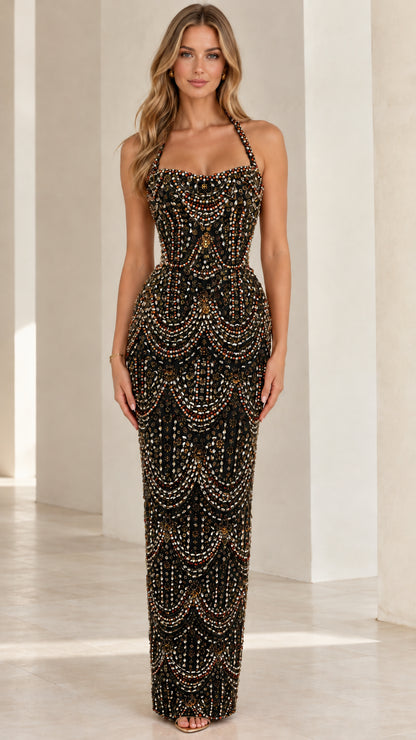 Full-length black beaded halter evening gown on model