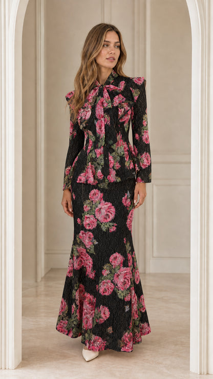 Front view of woman wearing black floral lace two-piece set