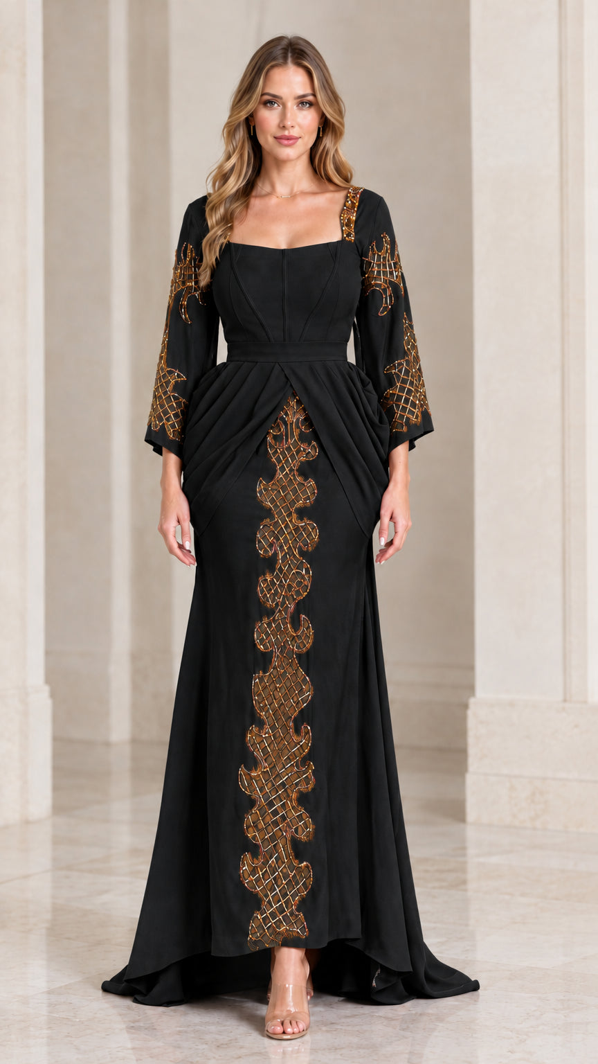 Front view of black beaded long sleeve evening gown with draped waist
