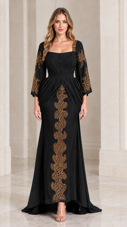 Front view of black beaded long sleeve evening gown with draped waist
