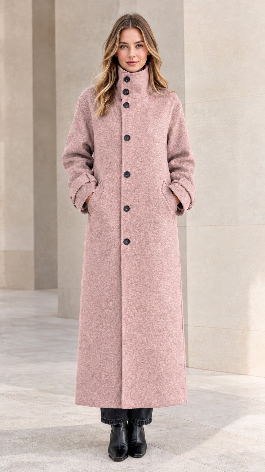 Front view of woman wearing dusty pink long buttoned maxi overcoat
