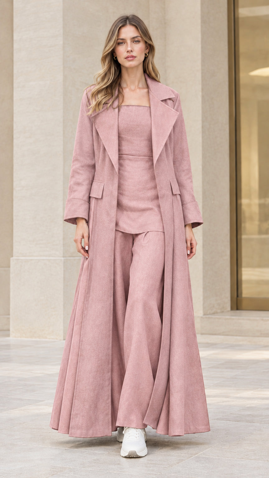 Front view of woman wearing dusty pink longline maxi coat