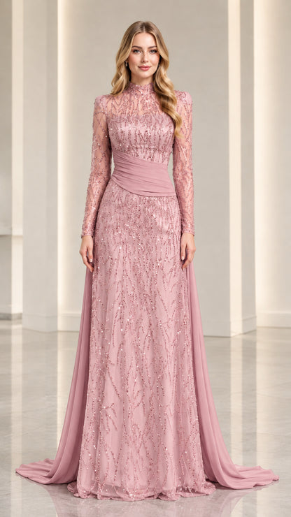 Dusty Rose high neck sequin formal dress with draped waist and sweeping cape