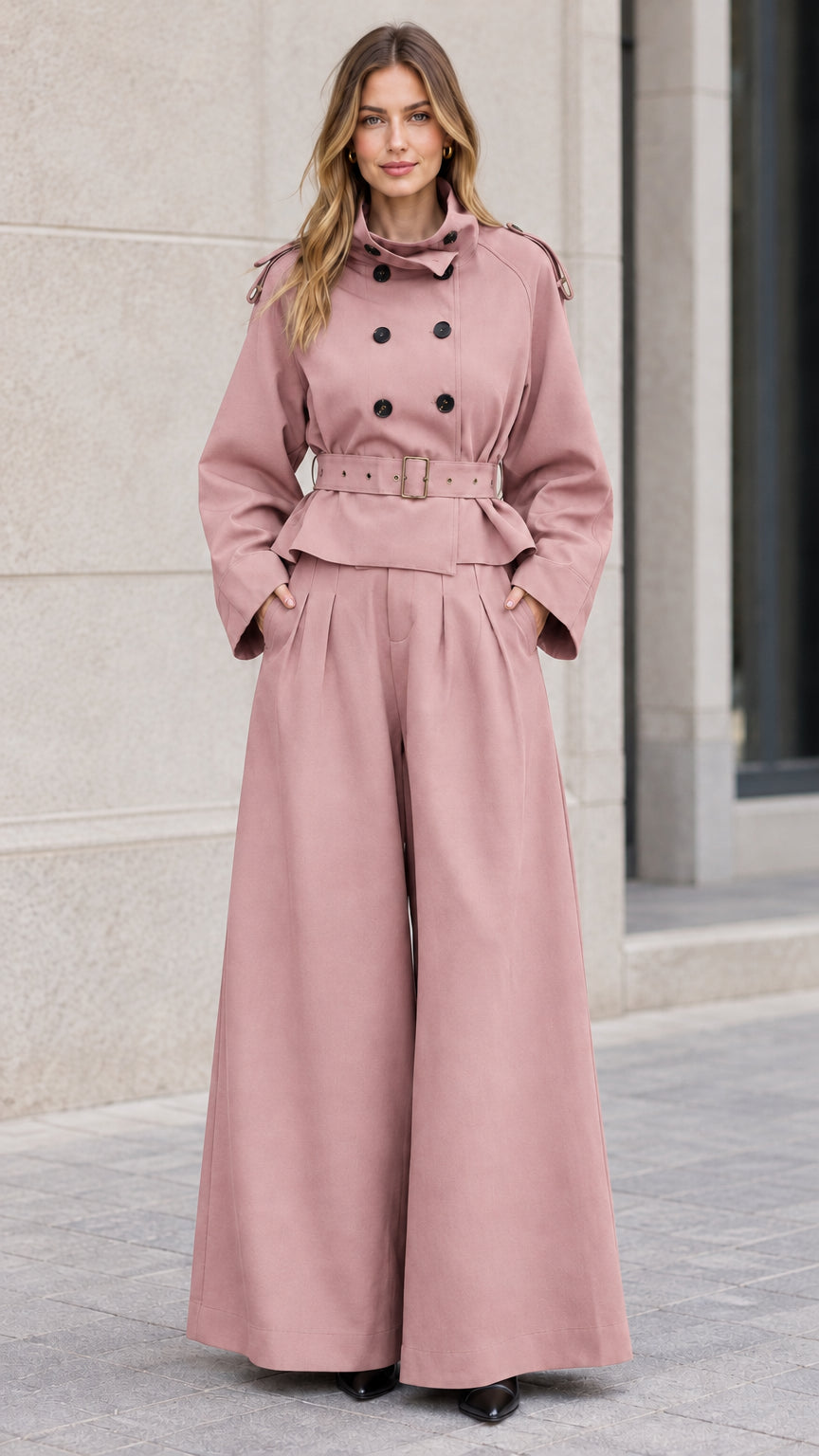 Front view of woman wearing dusty pink cropped trench jacket and wide-leg pants set