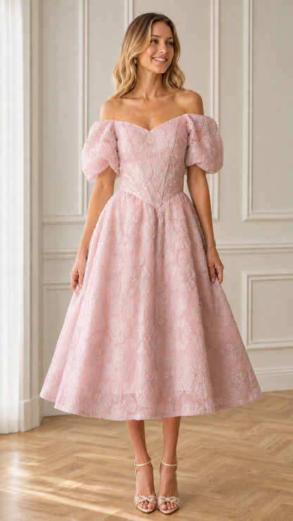 Front view of pink floral applique midi dress