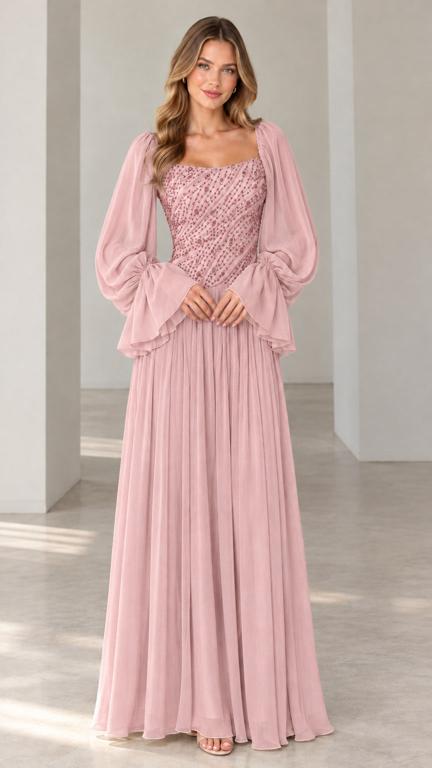 Dusty rose sequin bodice long sleeve evening gown