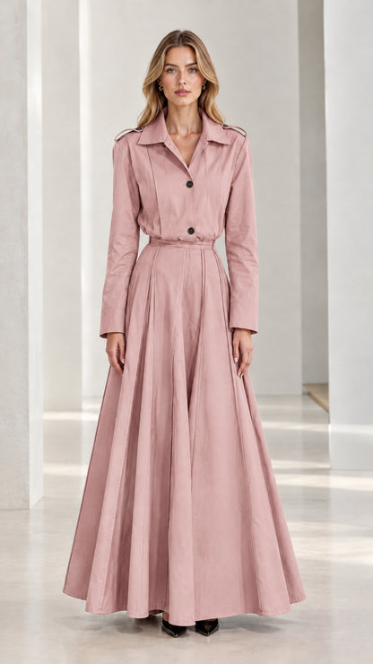 Front view of dusty pink pleated long sleeve trench maxi dress
